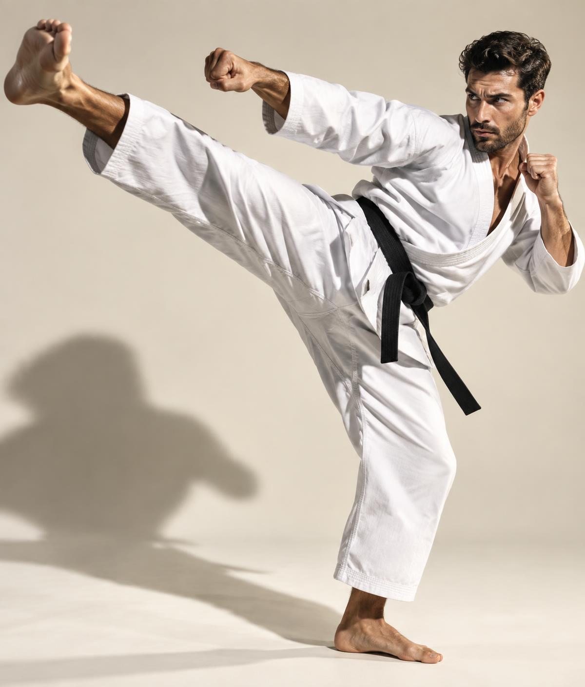 A martial artist in a white gi throwing a high kick